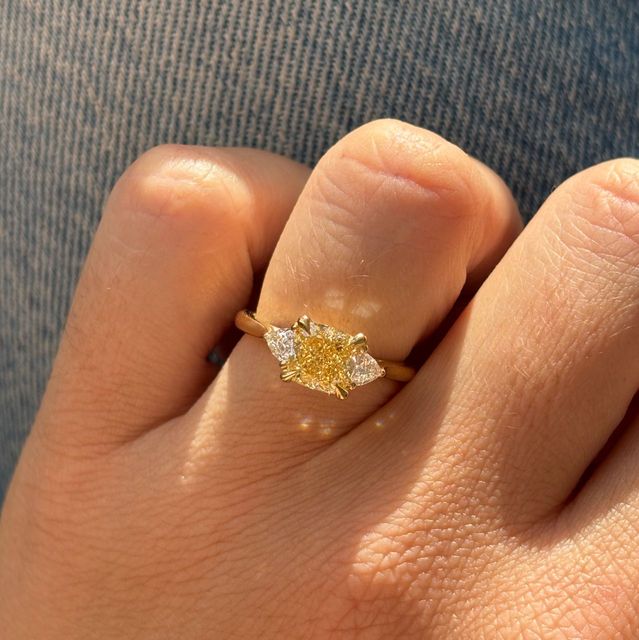 1.50 Carat Cushion Yellow Diamond Trilogy Yellow Gold Engagement Ring - Manilla