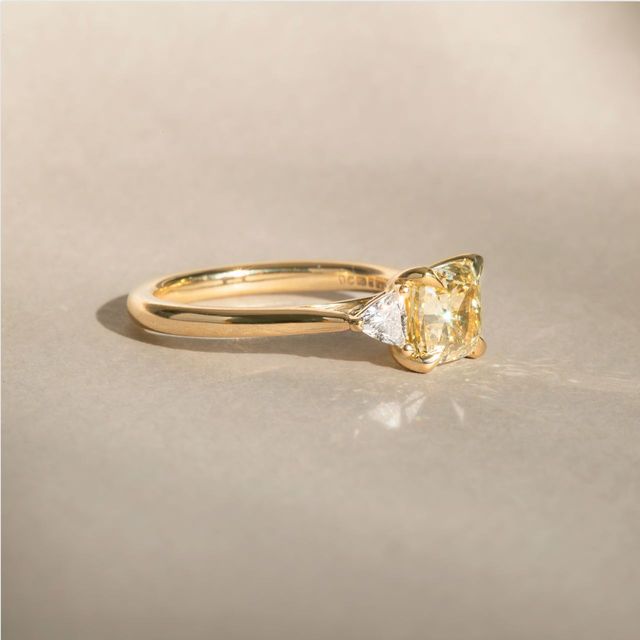 1.50 Carat Cushion Yellow Diamond Trilogy Yellow Gold Engagement Ring - Manilla