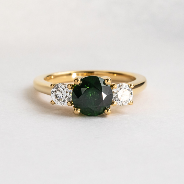 1.85 Carat Round Demantoid Garnet Trilogy Engagement Ring In Yellow Gold - Rohini