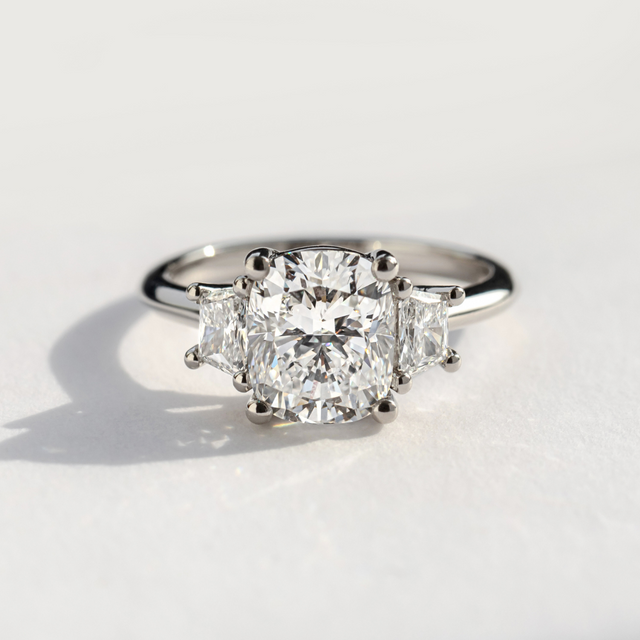 3.00 Carat Lab Grown Cushion Diamond Trilogy Engagement Ring In Platinum - Treya