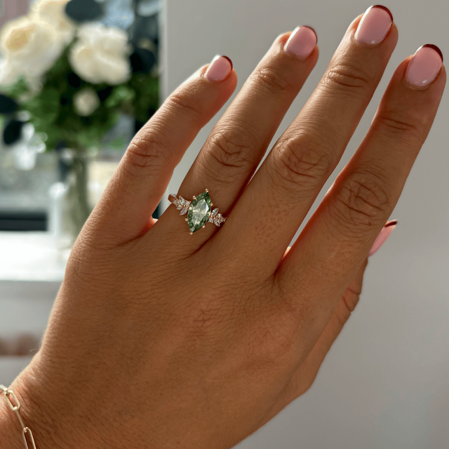 1.54 Carat Marquise Green Diamond Cluster Engagement Ring In Yellow Gold - Sphinx