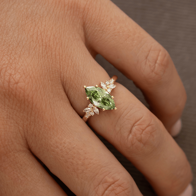1.54 Carat Marquise Green Diamond Cluster Engagement Ring In Yellow Gold - Sphinx