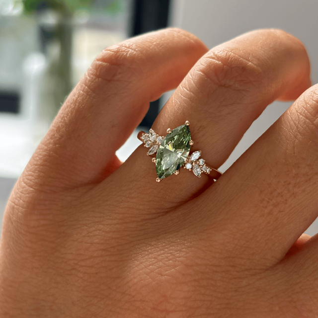 1.54 Carat Marquise Green Diamond Cluster Engagement Ring In Yellow Gold - Sphinx