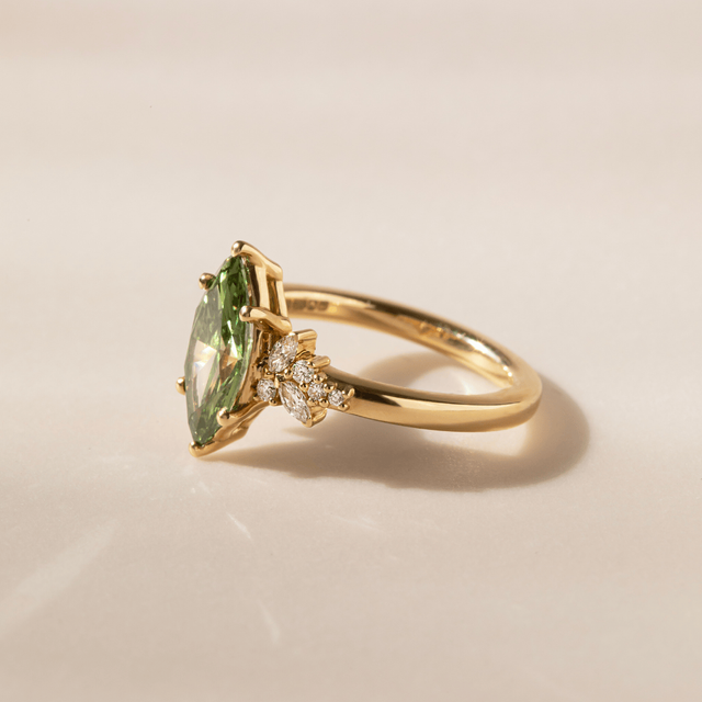 1.54 Carat Marquise Green Diamond Cluster Engagement Ring In Yellow Gold - Sphinx