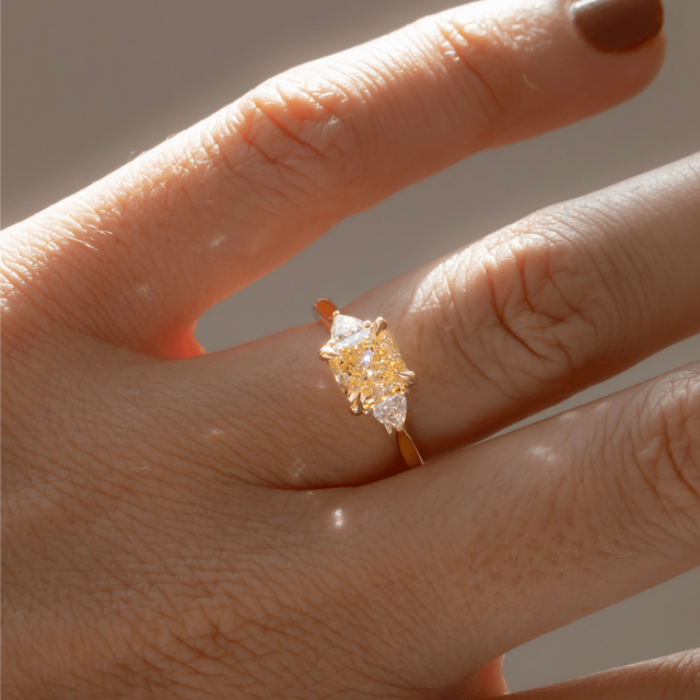 1.50 Carat Cushion Yellow Diamond Trilogy Yellow Gold Engagement Ring - Manilla