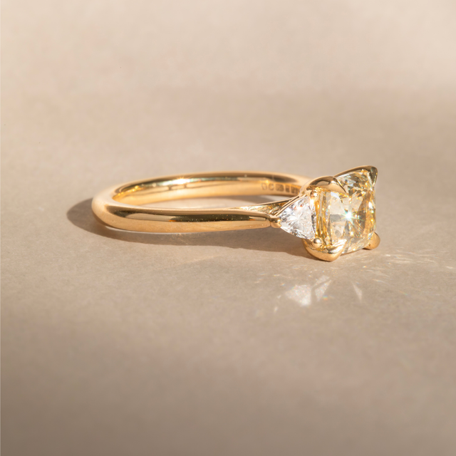 1.50 Carat Cushion Yellow Diamond Trilogy Yellow Gold Engagement Ring - Manilla