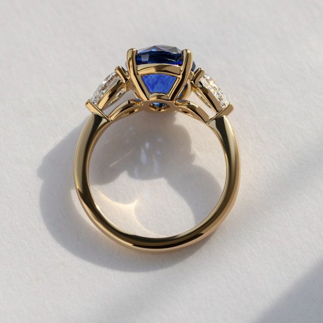 5.09 Carat Oval Blue Sapphire Trilogy Engagement Ring In Yellow Gold - Nimi