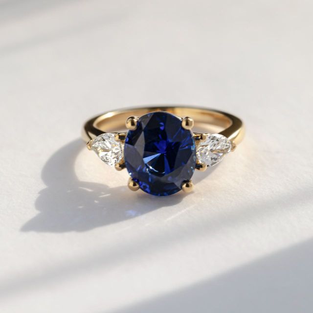 5.09 Carat Oval Blue Sapphire Trilogy Engagement Ring In Yellow Gold - Nimi
