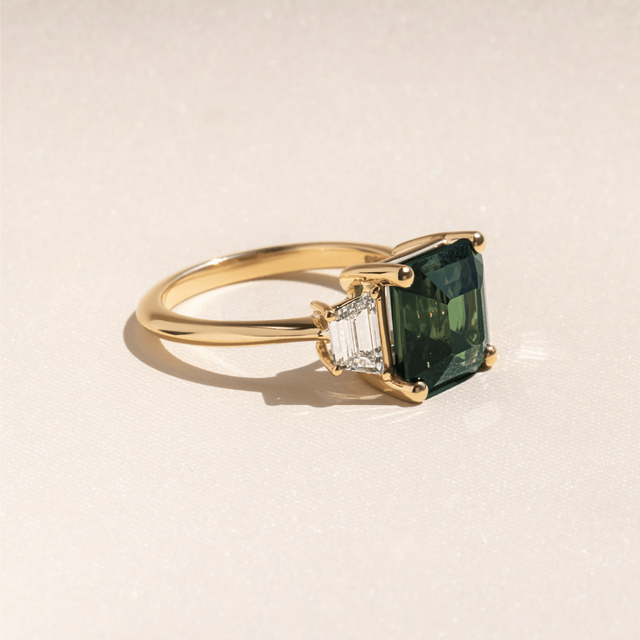 5.52 Carat Asscher-Cut Teal Sapphire Trilogy Engagement Ring In Yellow Gold - Treya