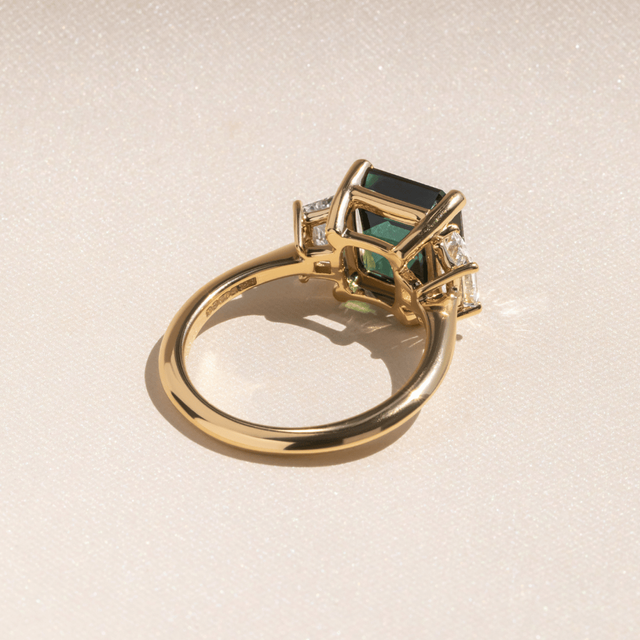 5.52 Carat Asscher-Cut Teal Sapphire Trilogy Engagement Ring In Yellow Gold - Treya