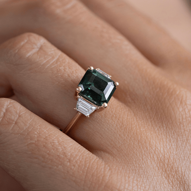5.52 Carat Asscher-Cut Teal Sapphire Trilogy Engagement Ring In Yellow Gold - Treya