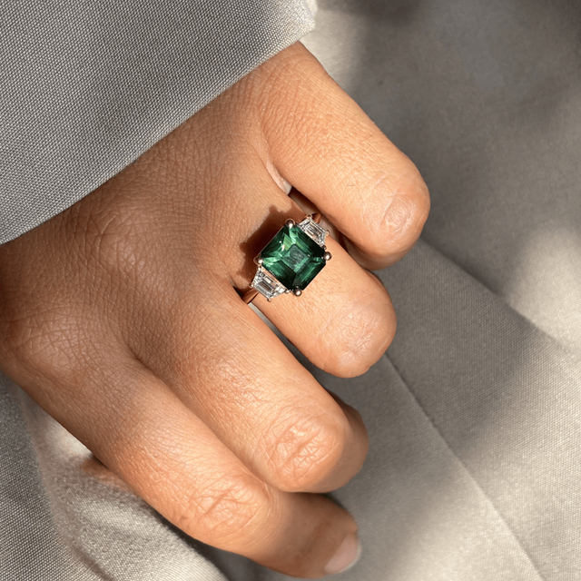 5.52 Carat Asscher-Cut Teal Sapphire Trilogy Engagement Ring In Yellow Gold - Treya