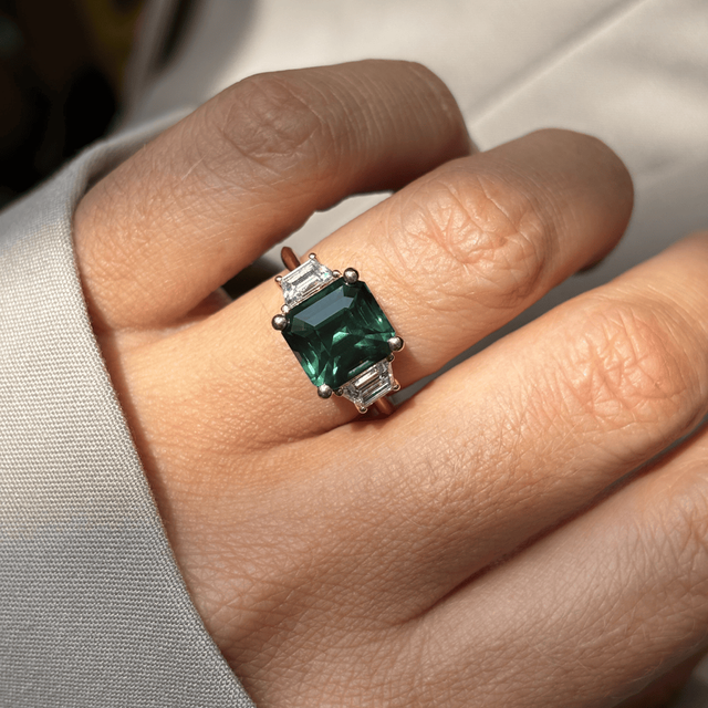 5.52 Carat Asscher-Cut Teal Sapphire Trilogy Engagement Ring In Yellow Gold - Treya