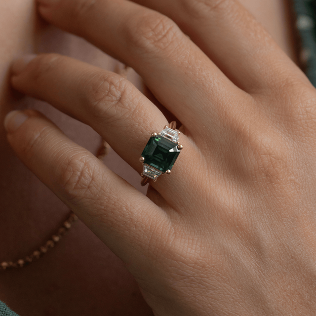 5.52 Carat Asscher-Cut Teal Sapphire Trilogy Engagement Ring In Yellow Gold - Treya