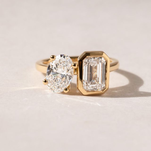 Toi Et Moi Emerald And Oval Diamond Engagement Ring In Yellow Gold