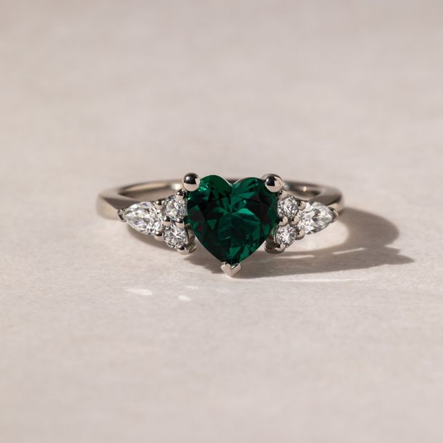 0.90 Carat Lab-Grown Heart Green Emerald Three-Stone Ring In Platinum - Nanami