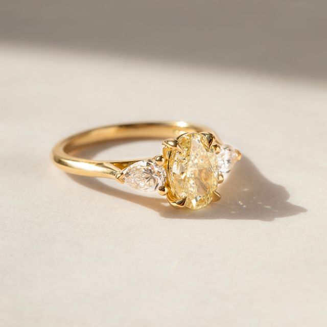 1.76 Carat Oval Yellow Diamond Trilogy Engagement Ring In Yellow Gold - Amaya
