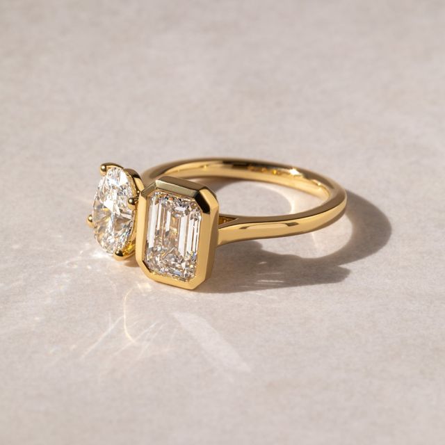 Toi Et Moi Emerald And Oval Diamond Engagement Ring In Yellow Gold