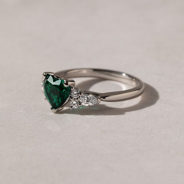 0.90 Carat Lab-Grown Heart Green Emerald Three-Stone Ring In Platinum - Nanami