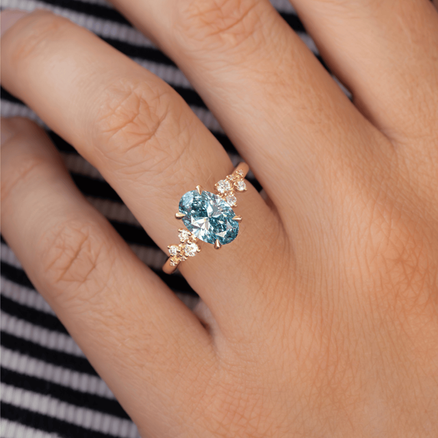 2.00 Carat Oval Blue Diamond Cluster Yellow Gold Engagement Ring - Morning Star