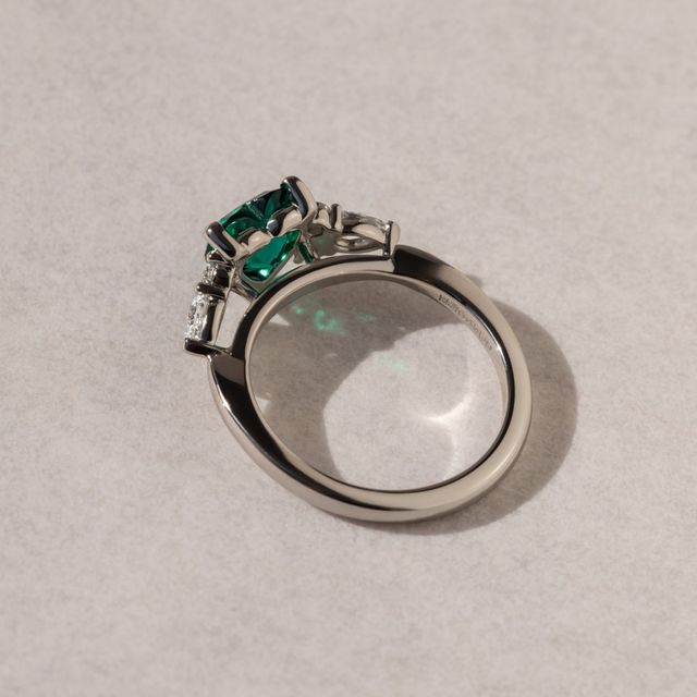 0.90 Carat Lab-Grown Heart Green Emerald Three-Stone Ring In Platinum - Nanami