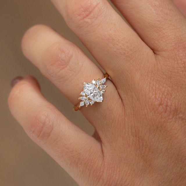 1.00 Carat Marquise Diamond Cluster Engagement Ring In Yellow Gold - Holly