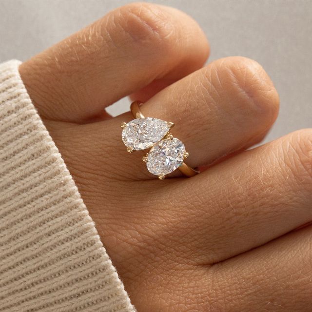 Toi Et Moi Lab Grown Oval And Pear Diamond Yellow Gold Engagement Ring