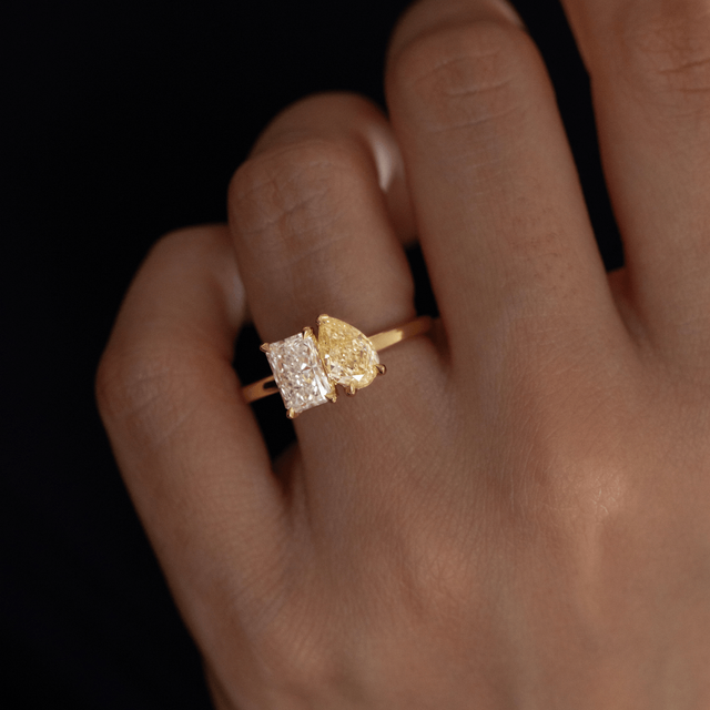 2.20 Carat Pear Fancy Yellow And Radiant Diamond Toi Et Moi Engagement Ring