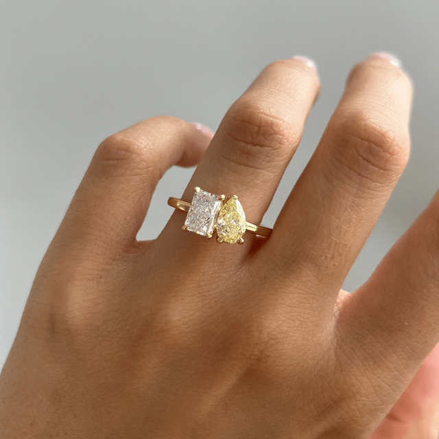 2.20 Carat Pear Fancy Yellow And Radiant Diamond Toi Et Moi Engagement Ring