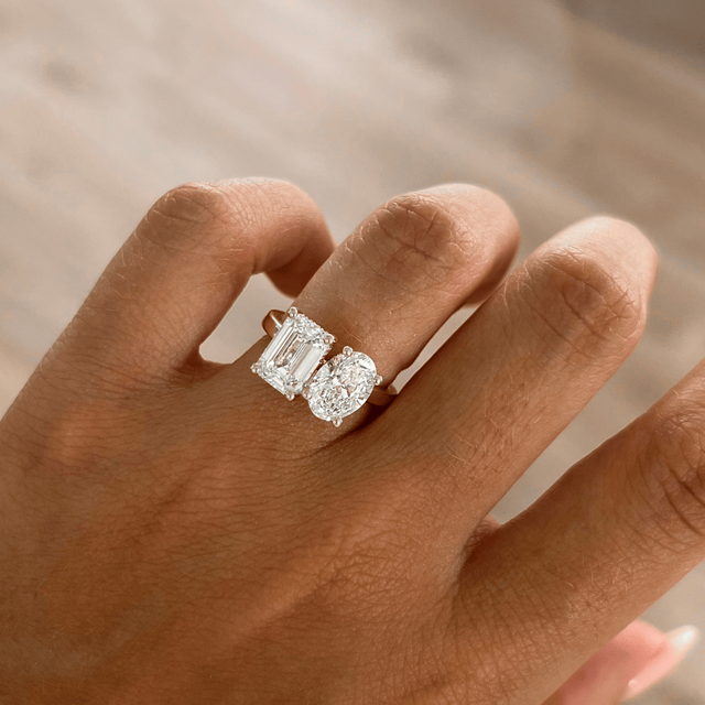 3.00 Carat Oval And Emerald Diamond Toi Et Moi Yellow Gold Engagement Ring