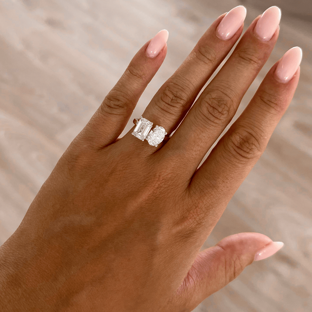 3.00 Carat Oval And Emerald Diamond Toi Et Moi Yellow Gold Engagement Ring