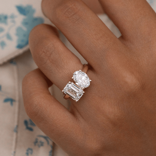 3.00 Carat Oval And Emerald Diamond Toi Et Moi Yellow Gold Engagement Ring