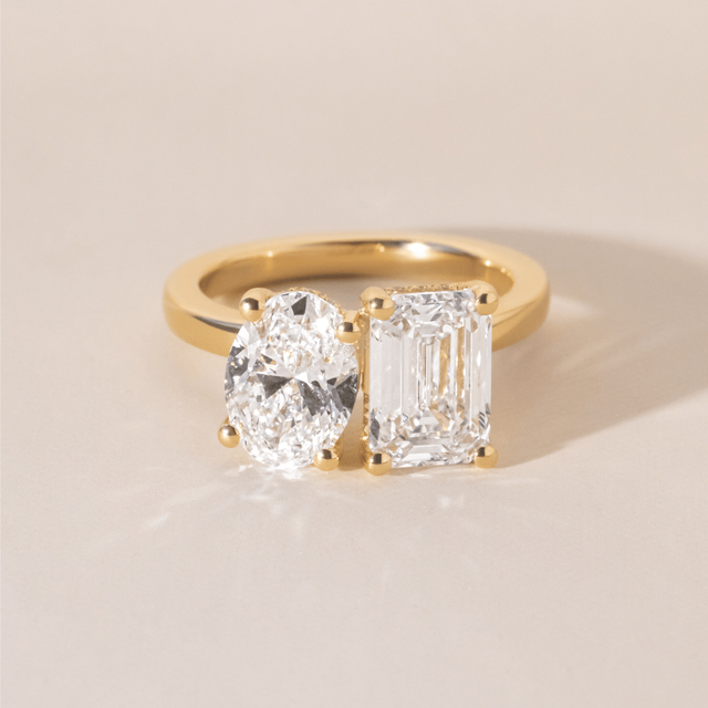 3.00 Carat Oval And Emerald Diamond Toi Et Moi Yellow Gold Engagement Ring