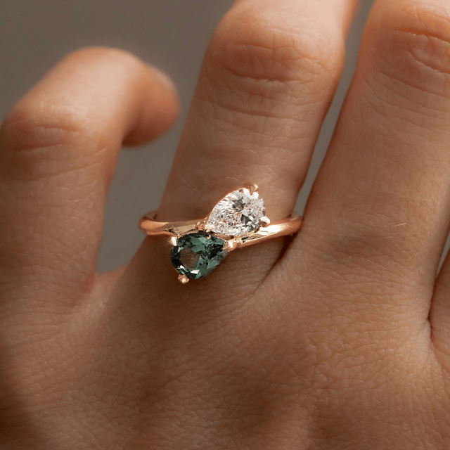 Pear Diamond And Teal Sapphire Toi Et Moi Yellow Gold Engagement Ring- 1.70ct