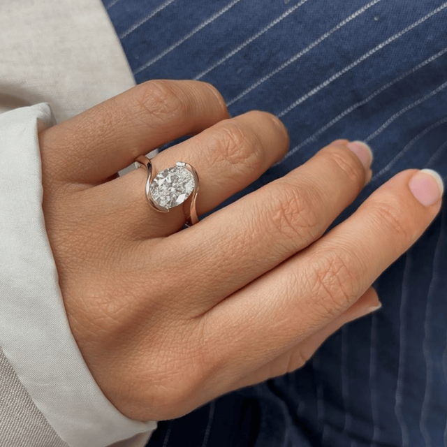 4.00 Carat Oval Diamond Bezel Sculptural Engagement Ring in Yellow Gold