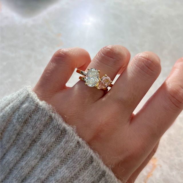 3.00 Carat Pear Pink And Oval Diamond Toi Et Moi Yellow Gold Engagement Ring