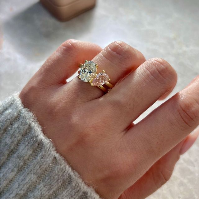 3.00 Carat Pear Pink And Oval Diamond Toi Et Moi Yellow Gold Engagement Ring