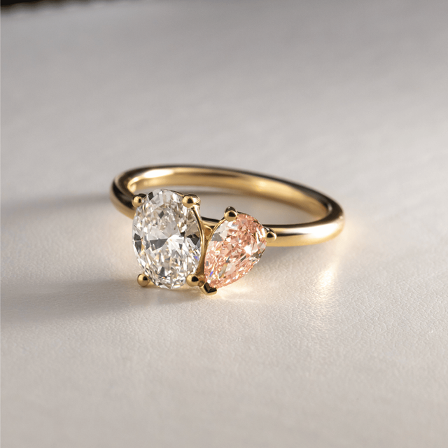 3.00 Carat Pear Pink And Oval Diamond Toi Et Moi Yellow Gold Engagement Ring