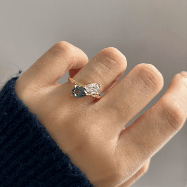 Pear Diamond And Teal Sapphire Toi Et Moi Yellow Gold Engagement Ring- 1.70ct