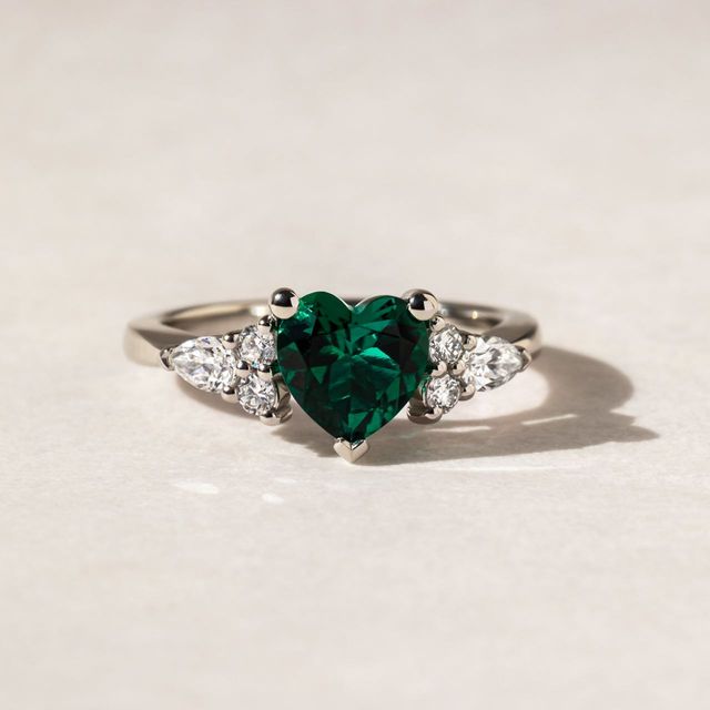 0.90 Carat Lab-Grown Heart Green Emerald Three-Stone Ring In Platinum - Nanami