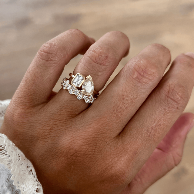 1.90 Carat Emerald And Pear Diamond Toi Et Moi Half Bezel Engagement Ring