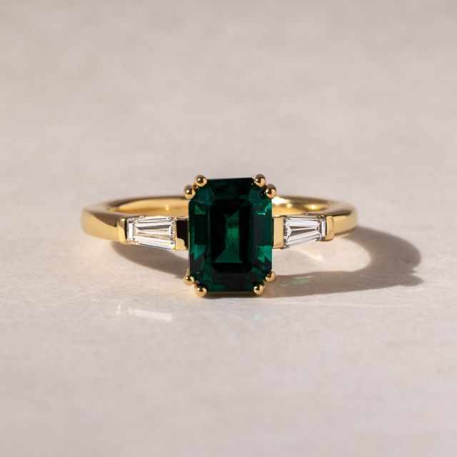1.39 Carat Lab Grown Emerald-Cut Emerald Trilogy Engagement Ring In Yellow Gold - Kenzo