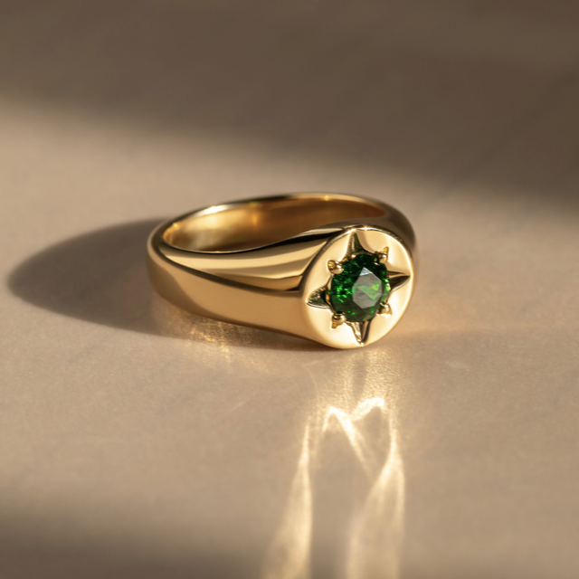 0.80 Carat Round Demantoid Garnet Bespoke Signet Engagement Ring In Yellow Gold – Star Centre