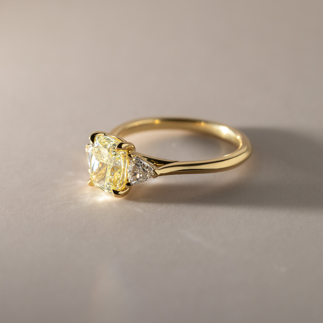 2.01 Carat Cushion Yellow Diamond Trilogy Engagement Ring In Yellow Gold - Manilla