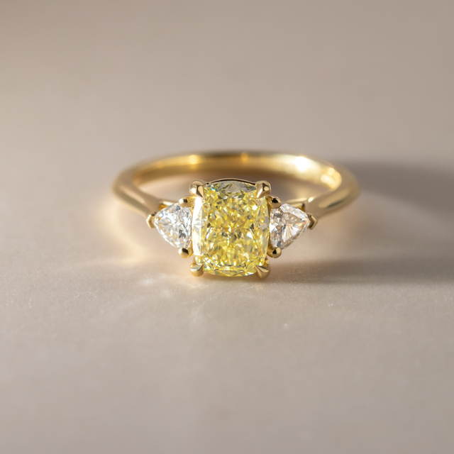 2.01 Carat Cushion Yellow Diamond Trilogy Engagement Ring In Yellow Gold - Manilla