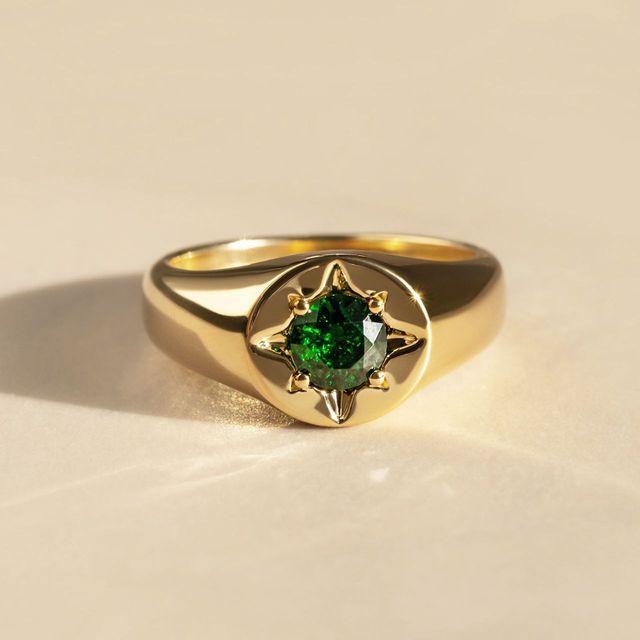 0.80 Carat Round Demantoid Garnet Bespoke Signet Engagement Ring In Yellow Gold – Star Centre