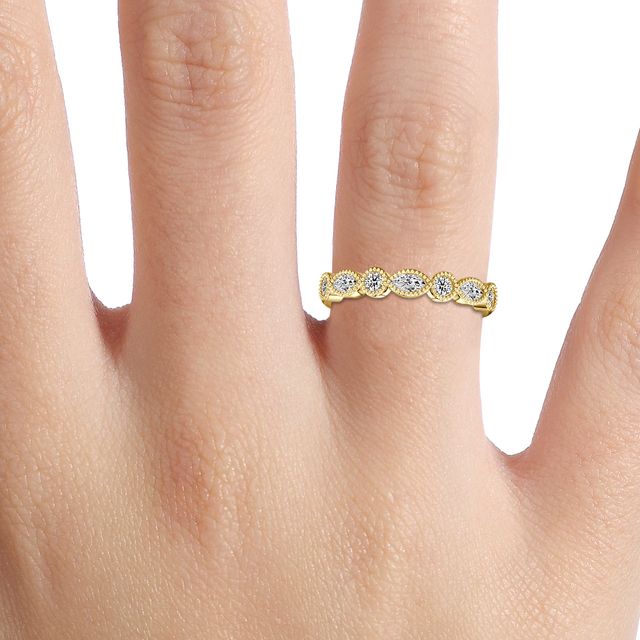 Eleanor Round And Marquise Diamond Milgrain Yellow Gold Wedding Ring
