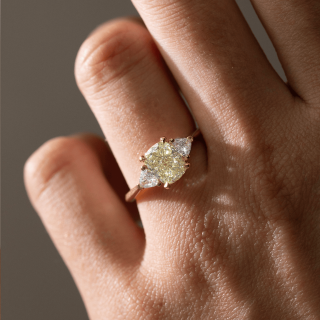 2.01 Carat Cushion Yellow Diamond Trilogy Engagement Ring In Yellow Gold - Manilla