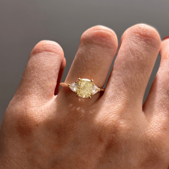 2.01 Carat Cushion Yellow Diamond Trilogy Engagement Ring In Yellow Gold - Manilla