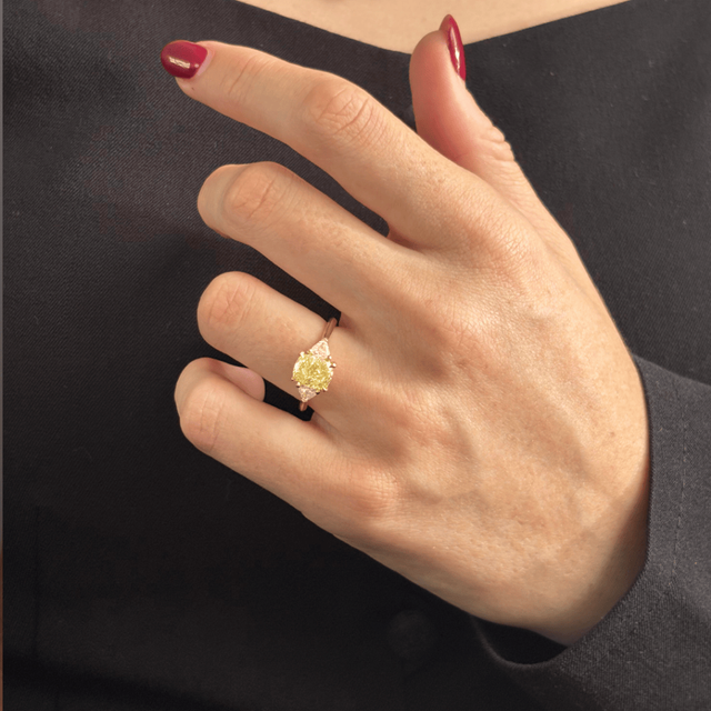 2.01 Carat Cushion Yellow Diamond Trilogy Engagement Ring In Yellow Gold - Manilla